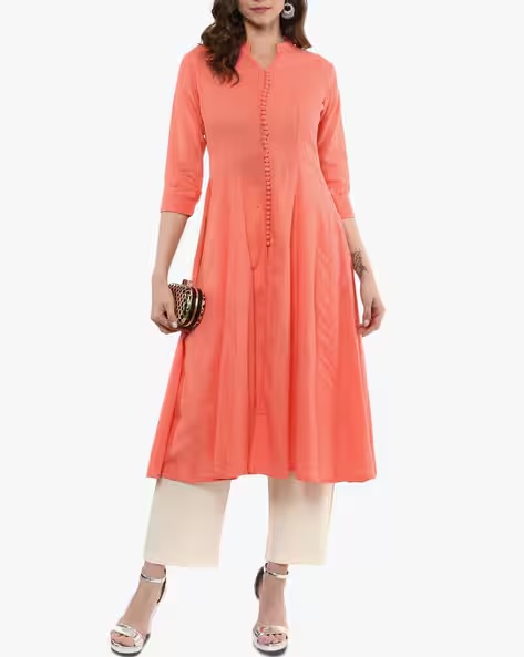![Flared Kurta with Notched Band Collar]