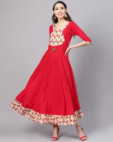 ![Flared Kurta with Printed Panels]