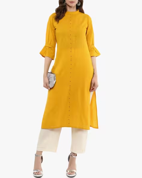 ![High-Neck Straight Kurta with Bell Sleeves]