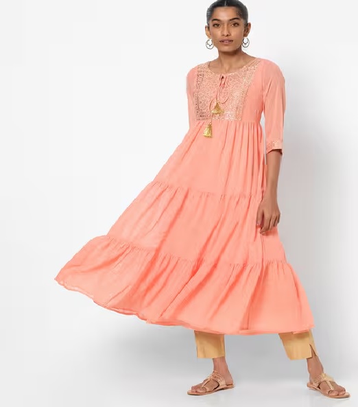 ![Tiered Anarkali Kurta with Tassel Tie-Up]